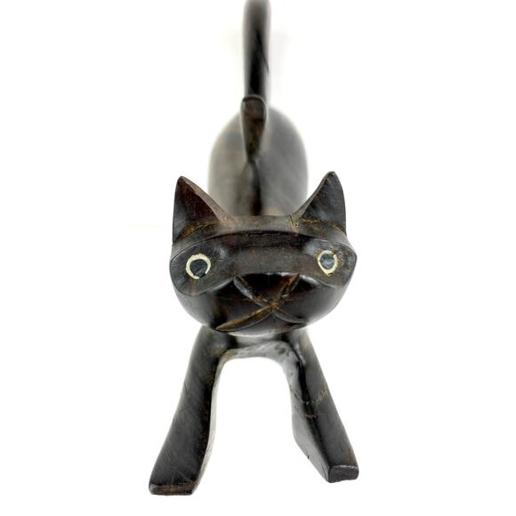 Hand Carved Dark Hardwood Cat Figurine Folk Art - Picture 4 of 9
